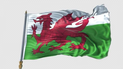 Welsh Flag on a flagpole Waving on Transparent Alpha Background Stock Footage 292930681