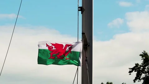 Welsh flag flying at half mass Stock Footage 136753377