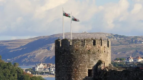 Welsh flags flying at Conwy Castle Conwy Gwynedd Wales Stock Footage 93879408