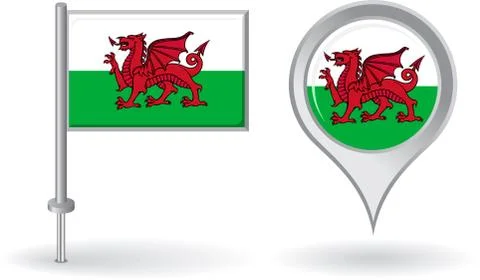 Welsh pin icon and map pointer flag. Vector Stock Illustration