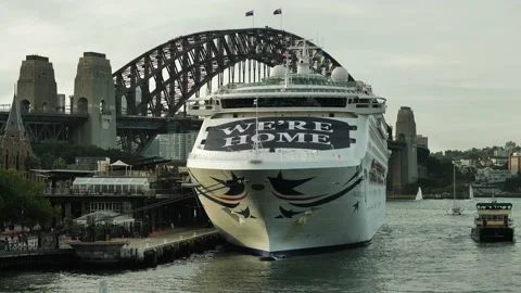 'WE'RE HERE' P AND O CRUISE LINER FINALLY BACK IN SYDNEY AFTER COVID BAN Stock Footage 184200341