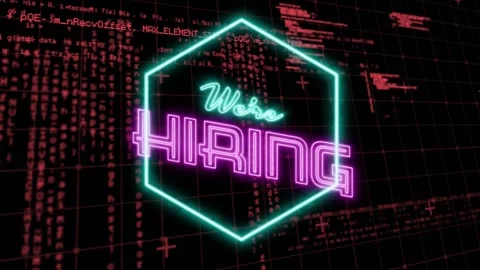 We're Hiring text animation over hexagon shape and red coding background Stock Footage 329226132