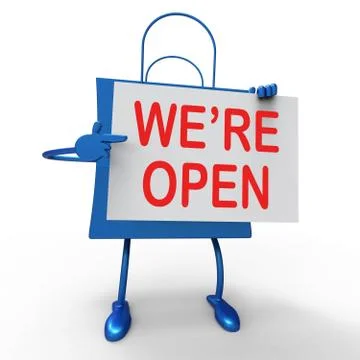 We're open sign on bag shows new store launch or opening Stock Illustration