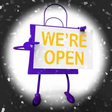 We're open sign on shopping bag shows new store launch or opening Stock Illustration
