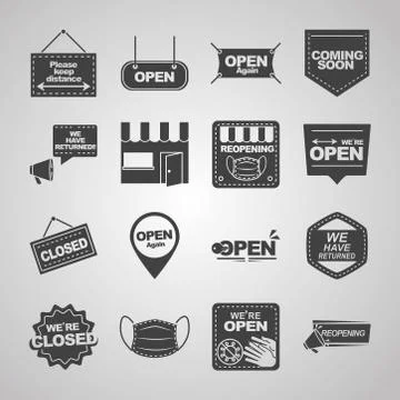 Were open, welcome back, coming soon, stickers banner pack silhouette icons Stock Illustration