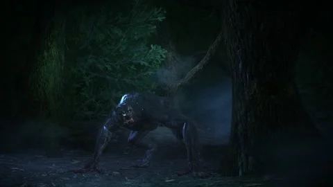 Werewolf With Bloody Muzzle and Claws Scenting Ground In Foggy Forest Stockbeeldmateriaal 344886947