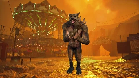 Werewolf Dynamic Dance in Destroyed Amusement Park Stock Footage 321672187