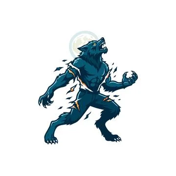 Werewolf howling at full moon during transformation. Dark blue creature with Иллюстрация