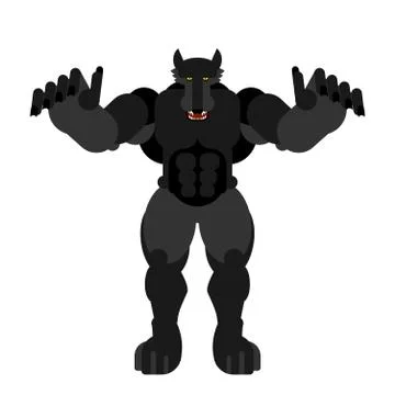 Werewolf isolated. Big black wolf man. Scary beast predator monster. Vector Stock Illustration