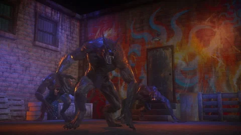 Werewolf Pack Attacks In Dark Alley, 4K animation Vídeo Stock 343574187