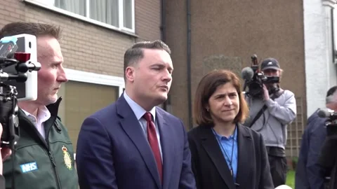 Wes Streeting condemns 'act of evil' at the scene of ambulance arson attack Stock Footage 331300187