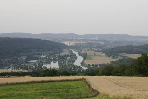 Weser with field, mountains and the river Stock Photos