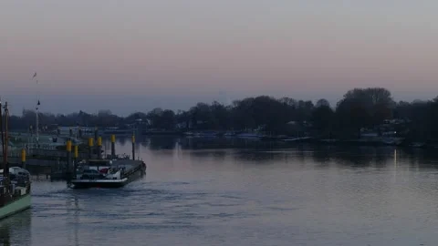 Weser river with barge at dusk Stock Footage 227493486