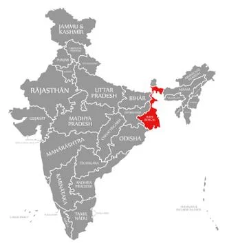 West Bengal red highlighted in map of India Illustrazione stock