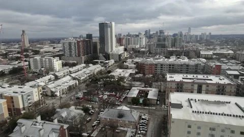 West Campus covered in Snow, Austin Texas Aerial Drone footage Stock Footage 237641427