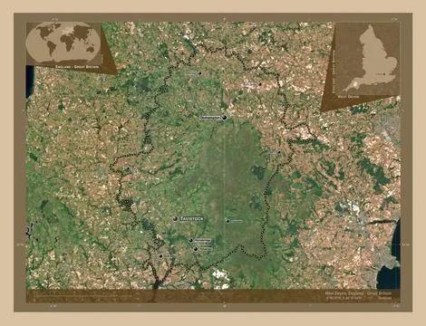 West Devon, England - Great Britain. Low-res satellite. Labelled points of .. Ilustración de archivo