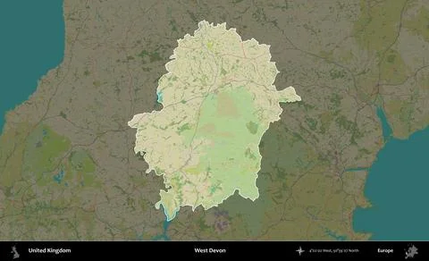 West Devon highlighted, United Kingdom. OpenStreetMap Humanitarian 스톡 일러스트