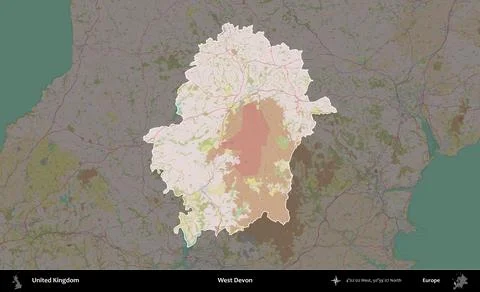 West Devon highlighted, United Kingdom. OpenStreetMap Standard Stock Illustration