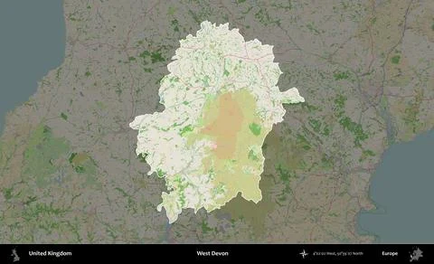 West Devon highlighted, United Kingdom. OpenStreetMap French 스톡 일러스트