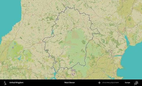 West Devon outlined, United Kingdom. OpenStreetMap Humanitarian Stock Illustration