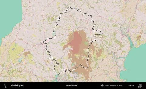 West Devon outlined, United Kingdom. OpenStreetMap Standard 스톡 일러스트