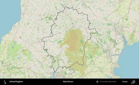 West Devon outlined, United Kingdom. OpenStreetMap German Stock Illustration