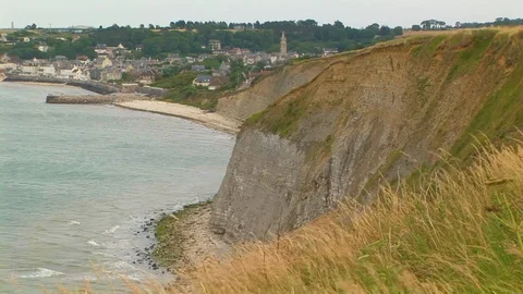 West end view from cliff top of Arromanches Normandy, France Stock Footage 101208361