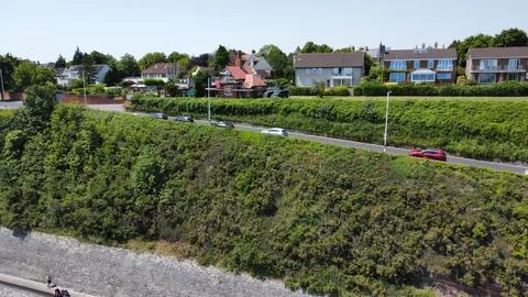 West facing drone view of the cliff and houses in Penarth, Glamorgan Stock Photos