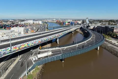 West Gate Tunnel elevated highway crossing Yarra River in Melbourne Stock Photos
