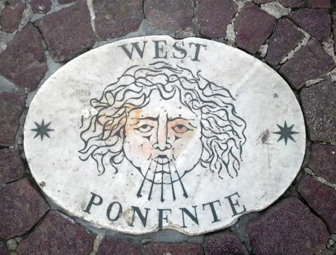 West - a head symbolizing the direction of the wind. Stock Photos