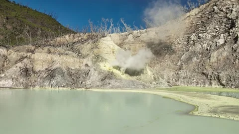 West Java Active Crater with Sulfur Steam and Turquoise Lake Aerial Video stock 314092588