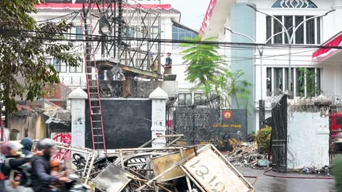 West Java DPRD gate after it was burned and vandalized during protests Stock-Footage 315853332