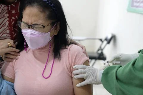 West Java, Indonesia, March 9, 2021 - Nurse inject the COVID-19 Vaccine, prod Stock Photos