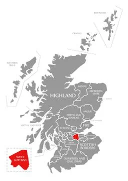 West Lothian red highlighted in map of Scotland UK Stock Illustration