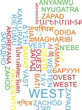 West multilanguage wordcloud background concept Stock Illustration
