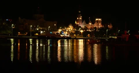 West Oder River and Chrobry Embankment at Night with Slow Zoom In Stock Footage 339720090