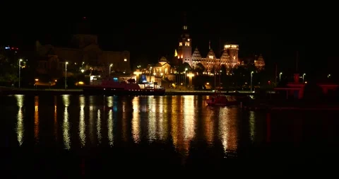 West Oder River and Chrobry Embankment at Night with Slow Zoom In Stock Footage 339721375