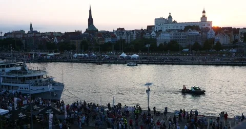 West Oder river with Large Crowd  for Tall Ships Races at Sunset in Szczecin Stock Footage 339358903