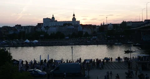 West Oder river with Large Crowd  for Tall Ships Races at Sunset in Szczecin Stock Footage 339360137