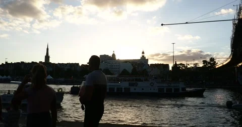 West Oder River at Sunset in Szczecin with Passing Boats Video stock 339086862