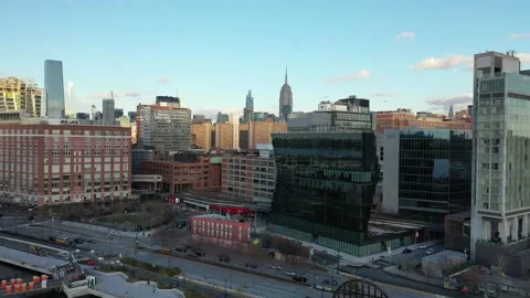 West Side Highway Aerial Tracking Past Historic Pier 54 Arch Stock-Footage 144014568
