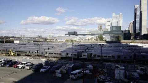 West Side Yard. Commuter rail trains. Rail yard. View of train yard and train Stock Footage 200256982