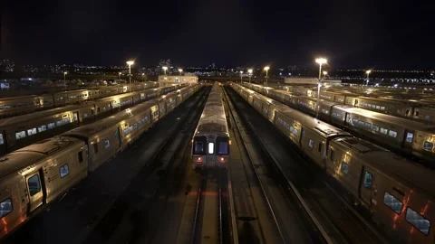 West Side Yard at night. Commuter rail trains. Rail yard at night Stock Footage 199351298