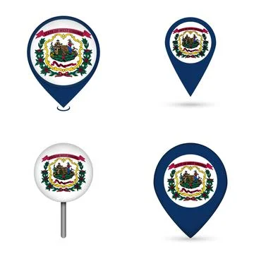 West Virginia State Flag Map Pin Icons Set Collection Stock Illustration