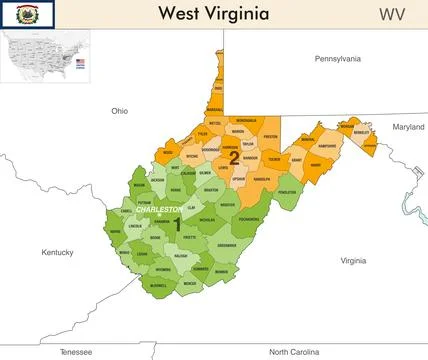 West Virginia state map with counties borders and congressional districts Stock Illustration