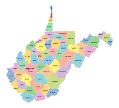 West Virginia, U.S. state, subdivided into 55 counties, colored map Stock Illustration