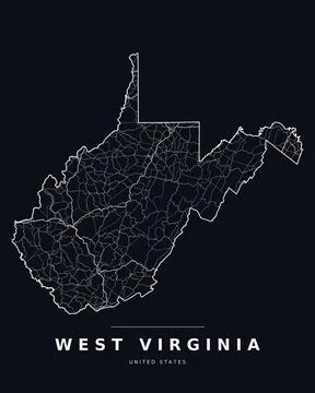 West Virginia WV Map Counties Highways Roads Dark Mode Editable Vector Stock Illustration