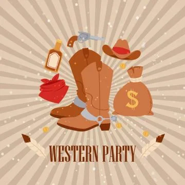 Western cowboy american party, vector illustration. Vintage rodeo banner design Stock Illustration