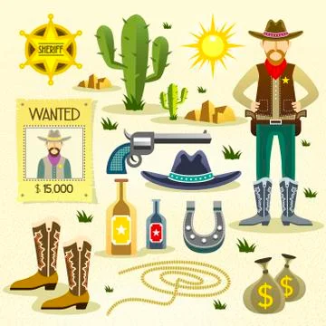 Western cowboy flat icons set Stock Illustration