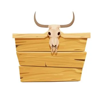 Western empty blank sign, boards or wooden planks with bull skull in cartoon Illustrazione stock